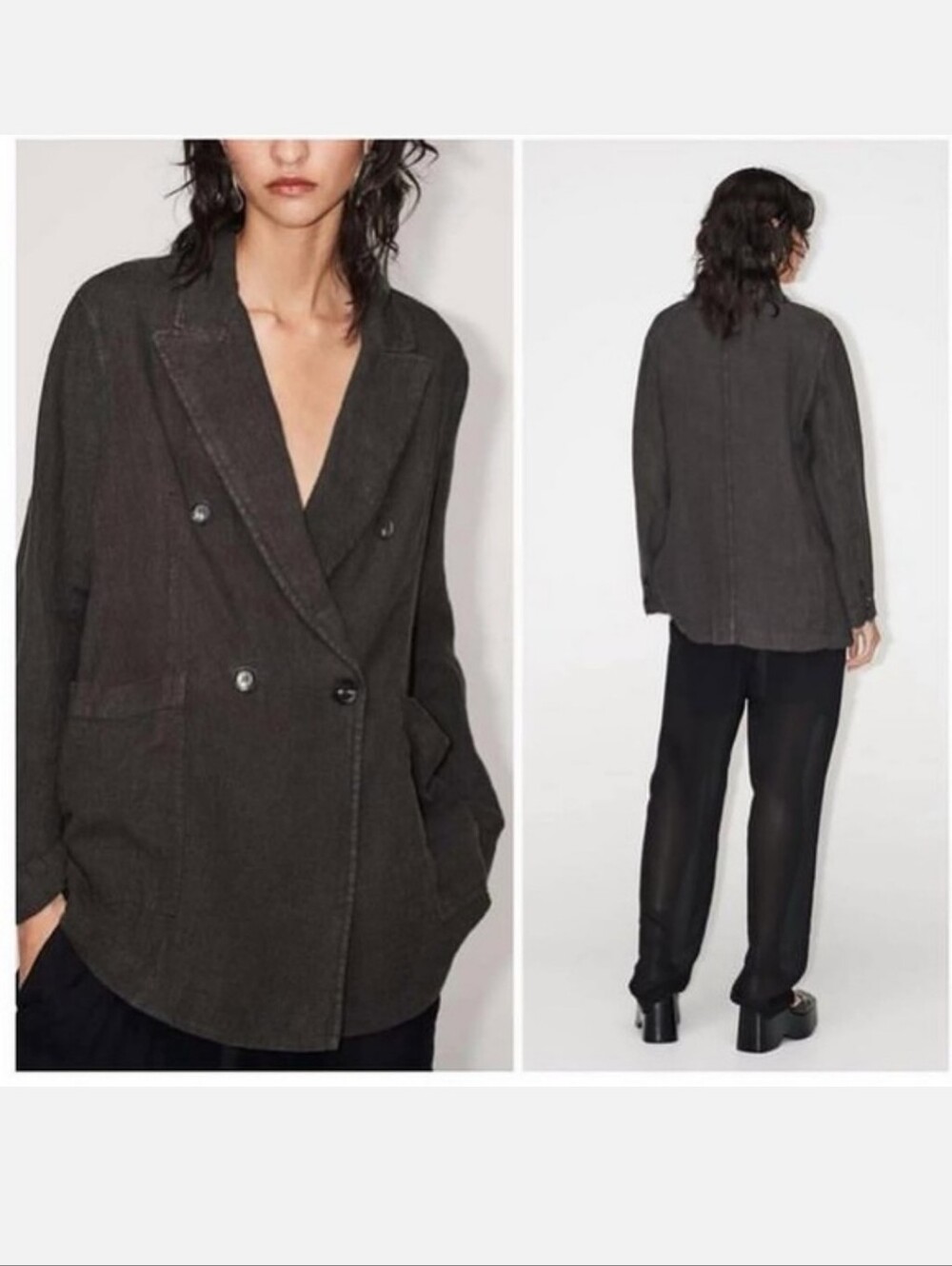 ZARA NWT 100% Linen Blazer Jacket Gray Double Breasted L